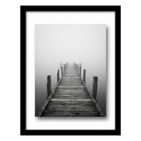 Black 12x18 float frame, a wooden jetty vanishing into mist, floating on white backing 