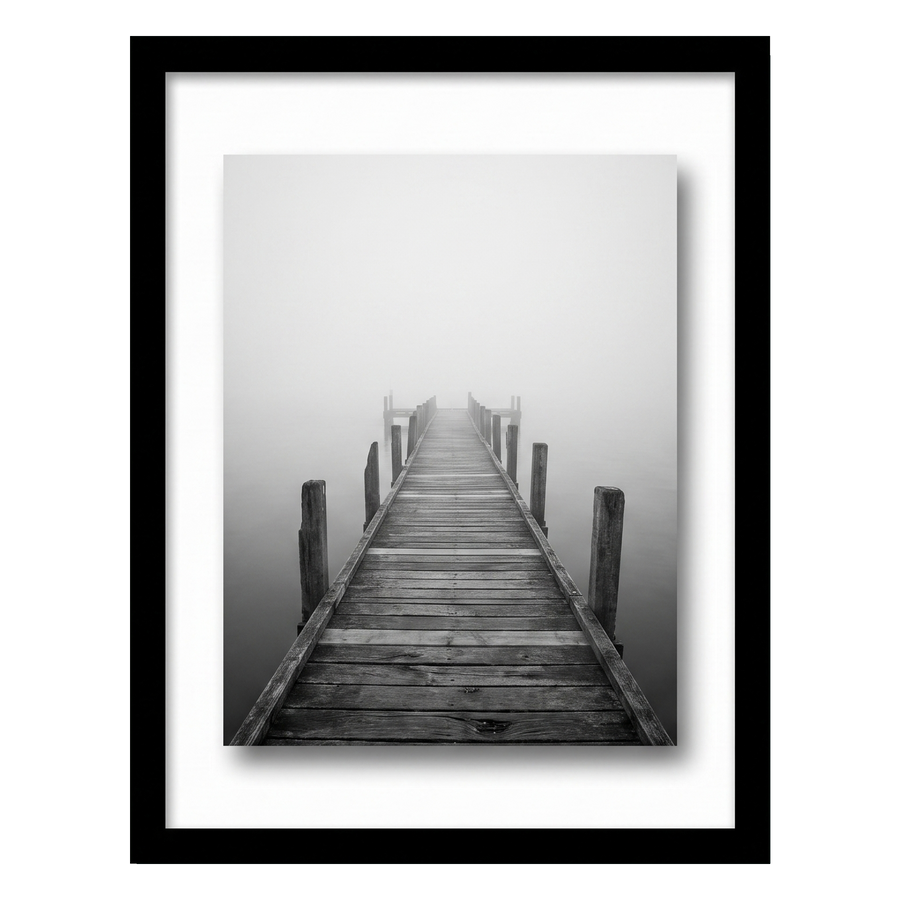 Black 12x18 float frame, a wooden jetty vanishing into mist, floating on white backing 