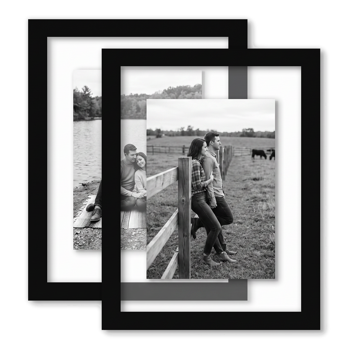 Two black 8.5x11 float frames overlapping, a couple beside a country fence 