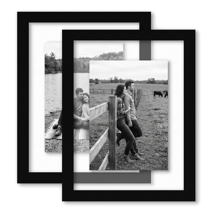 Two black 8.5x11 float frames overlapping, a couple beside a country fence 