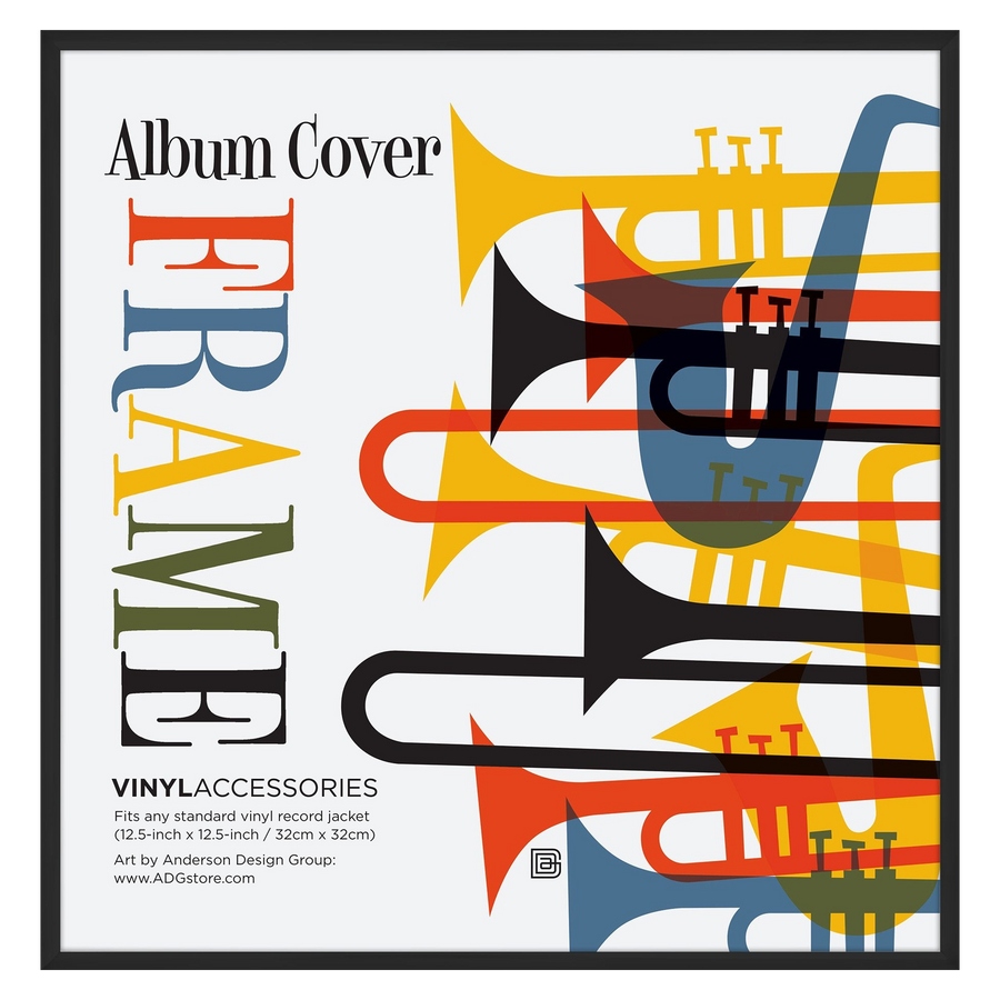 Black aluminium album frame holding a bright brass-instrument album cover, fits a 12.5 inch sleeve #flat