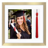 Polished brass 13x13 document frame, square mat with openings for a graduate's photo and a red tassel 