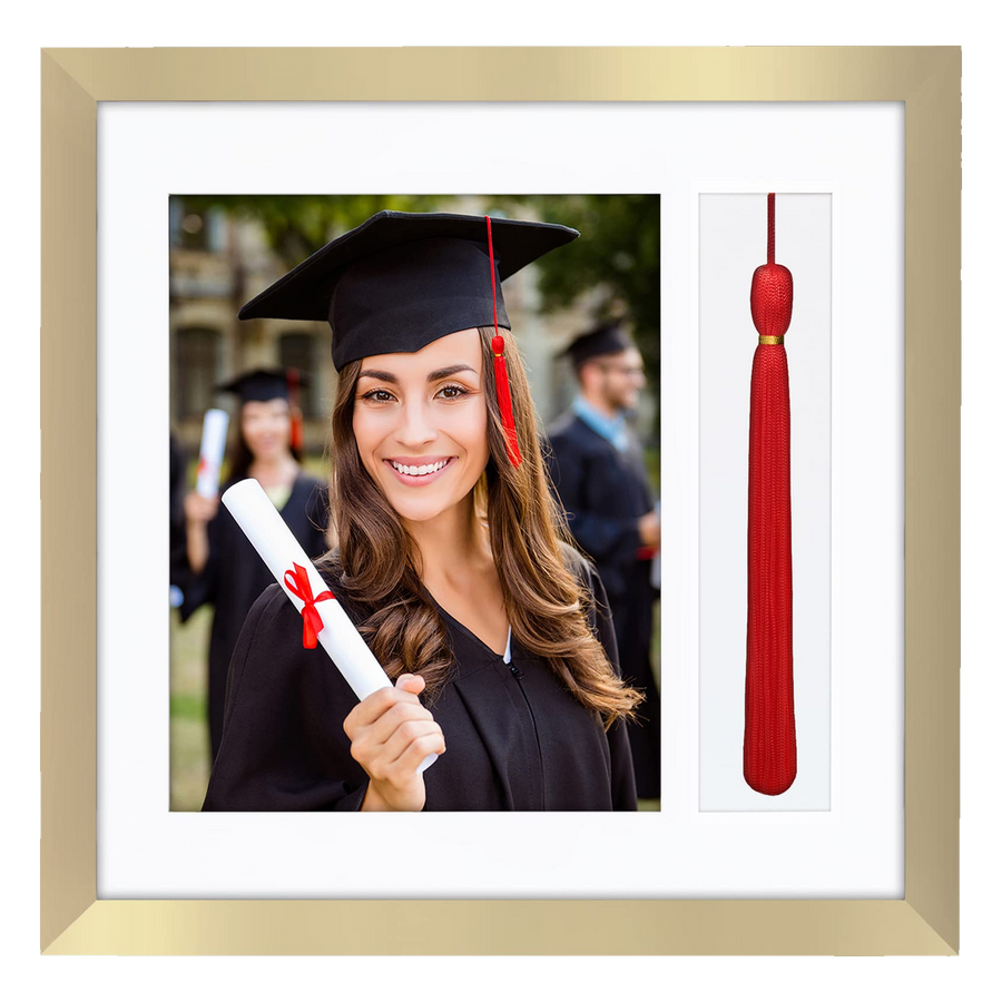 Polished brass 13x13 document frame, square mat with openings for a graduate's photo and a red tassel #flat
