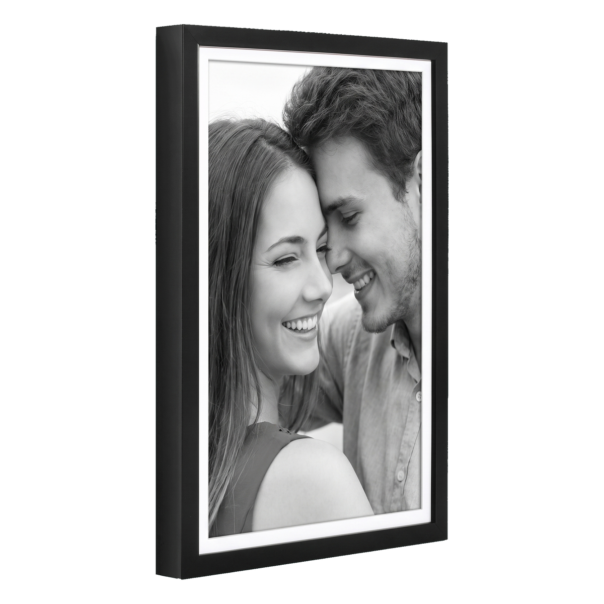 Black 12x18 Soho frame, white mat opening to 11x17, a close-up of a laughing couple 