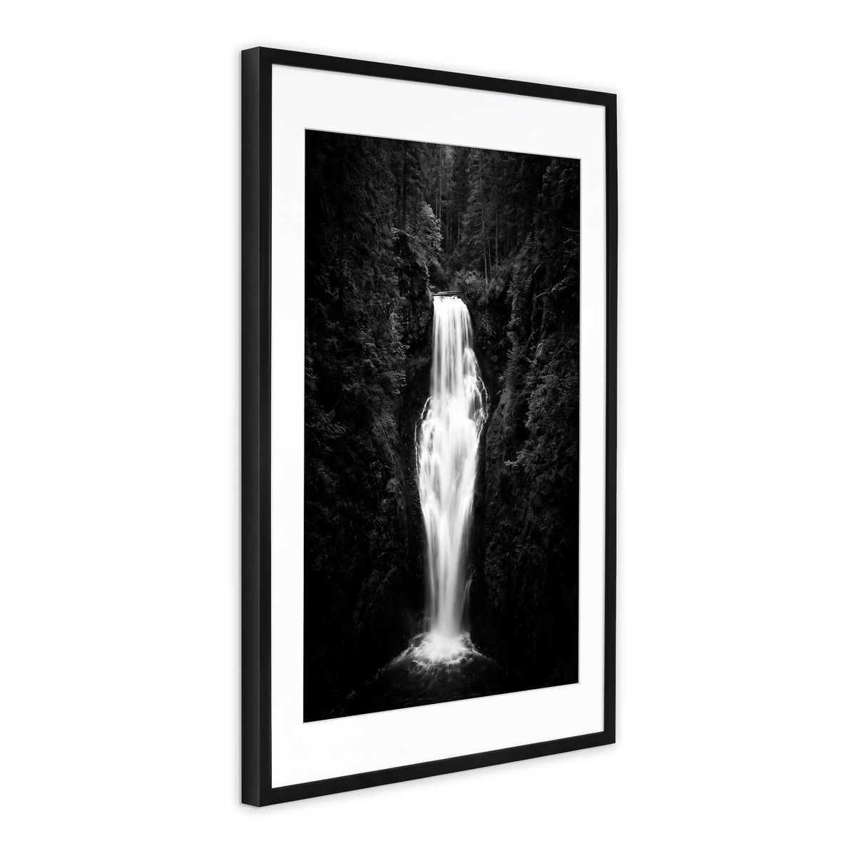 Black 24x36 Soho frame, white mat opening to 20x30, a tall waterfall in dark woodland 