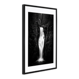 Black 24x36 Soho frame, white mat opening to 20x30, a tall waterfall in dark woodland 