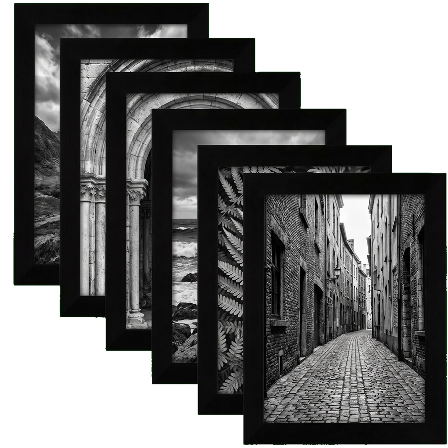 Six 5x7 black picture frames in a fan, unmatted with full-bleed black and white art