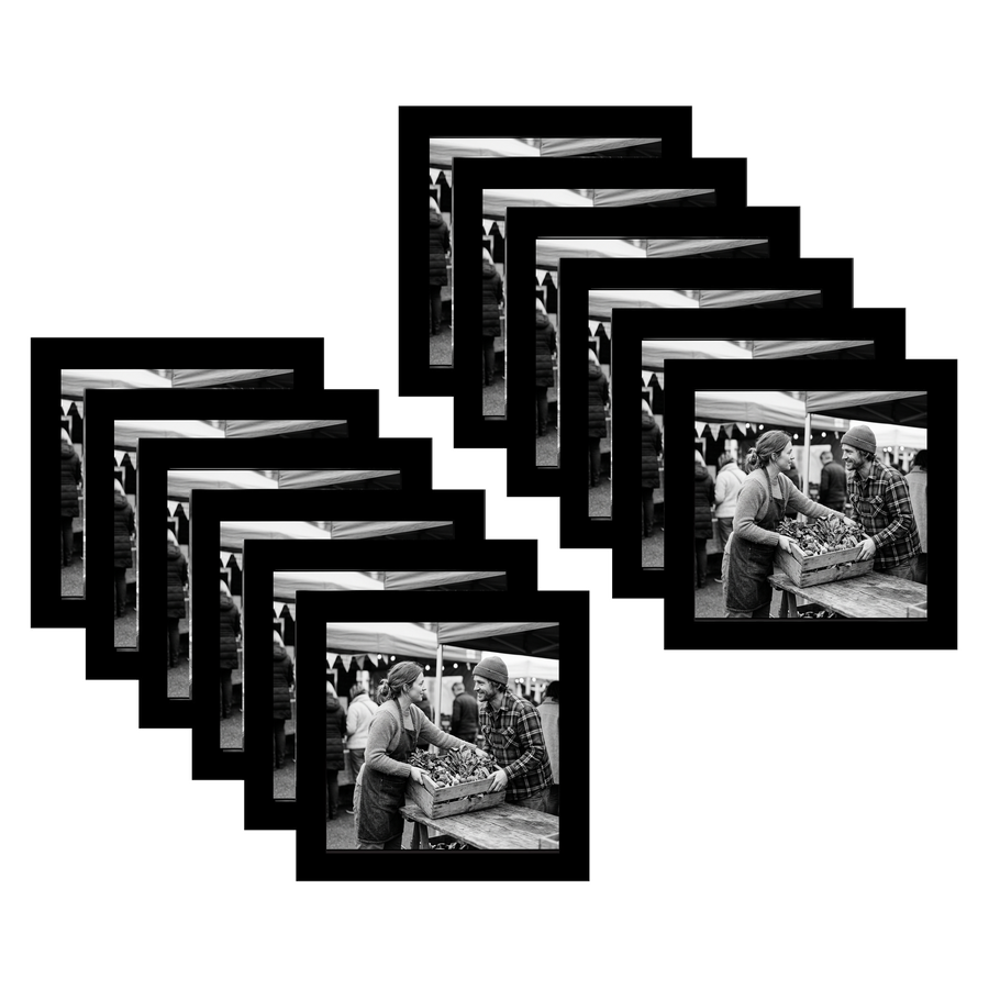 Twelve black 6x6 square frames fanned, a couple choosing produce at a market stall 