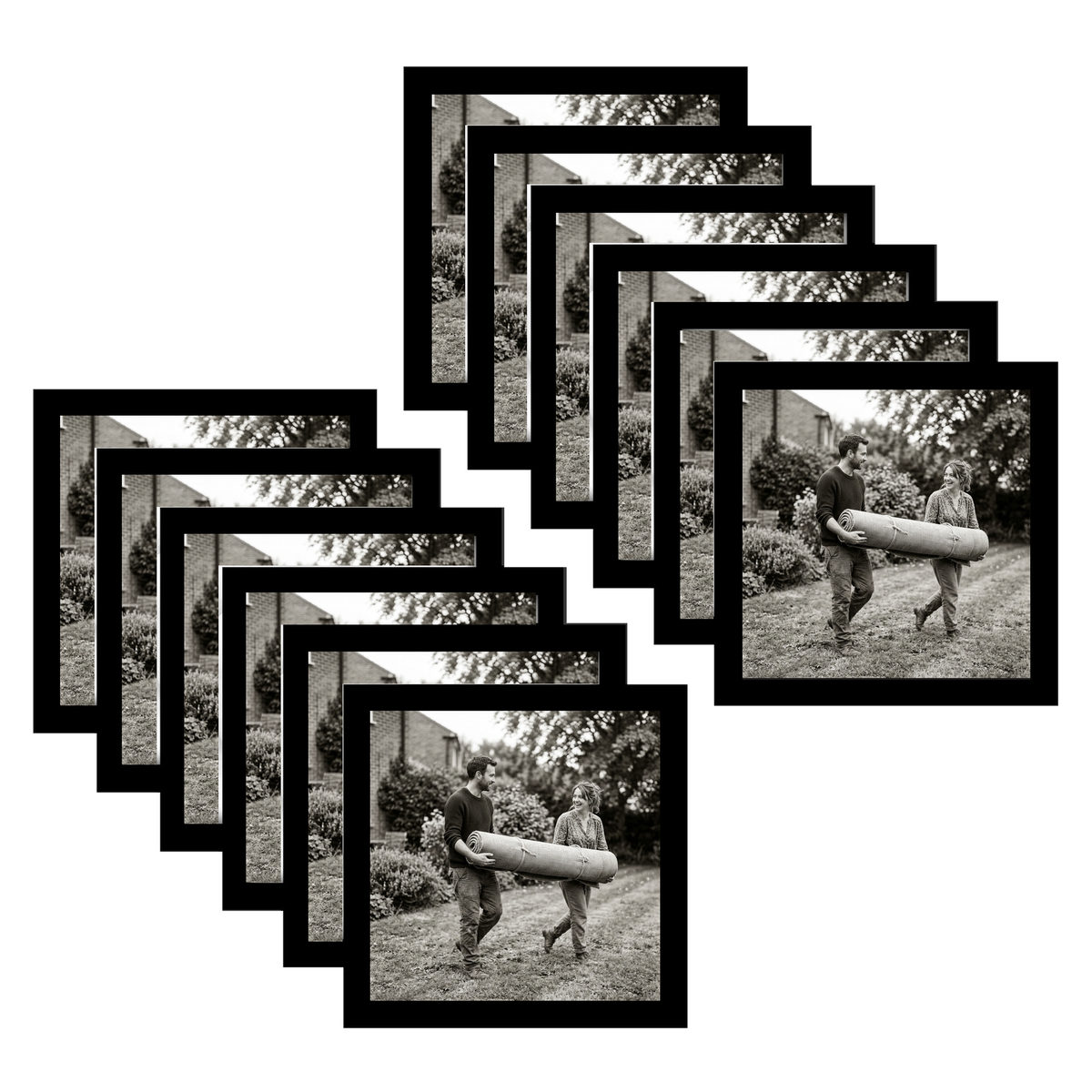 Twelve black 8x8 square frames fanned, a man carrying a bundle along a garden path 