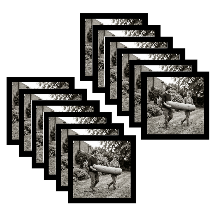 Twelve black 8x8 square frames fanned, a man carrying a bundle along a garden path #flat