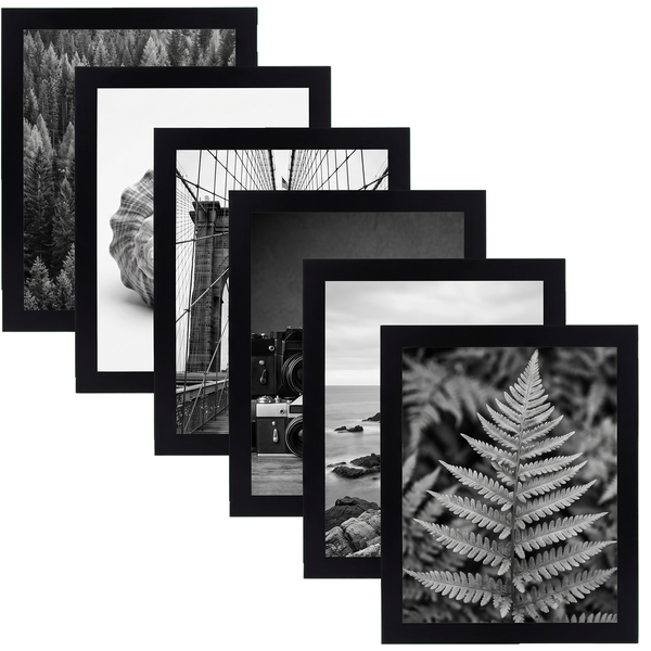 Six 8x10 black picture frames in a fan, unmatted with full-bleed black and white art