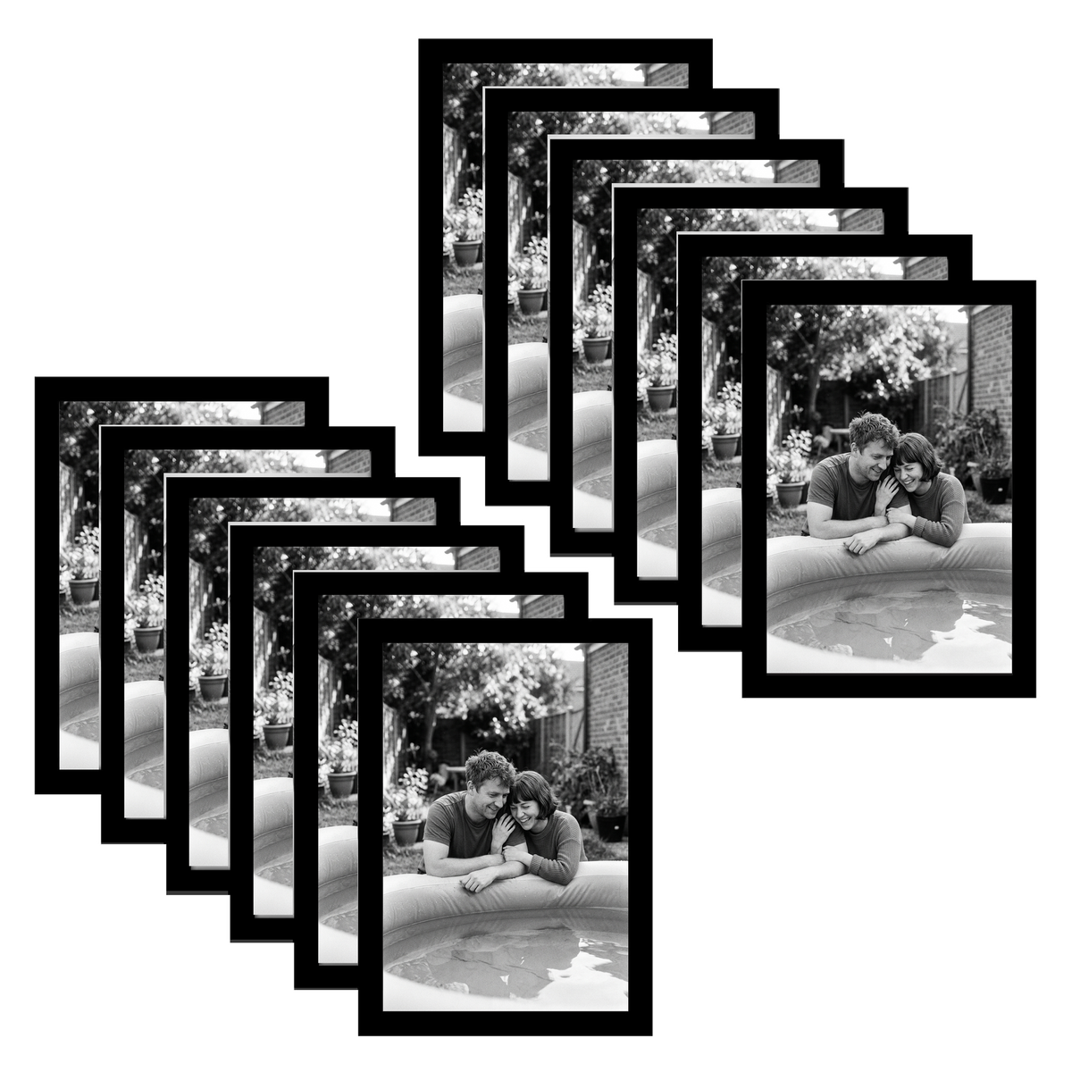 Twelve black 8x12 frames fanned, a couple sitting together beside a pool 