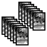 Twelve black 8x12 frames fanned, a couple sitting together beside a pool 