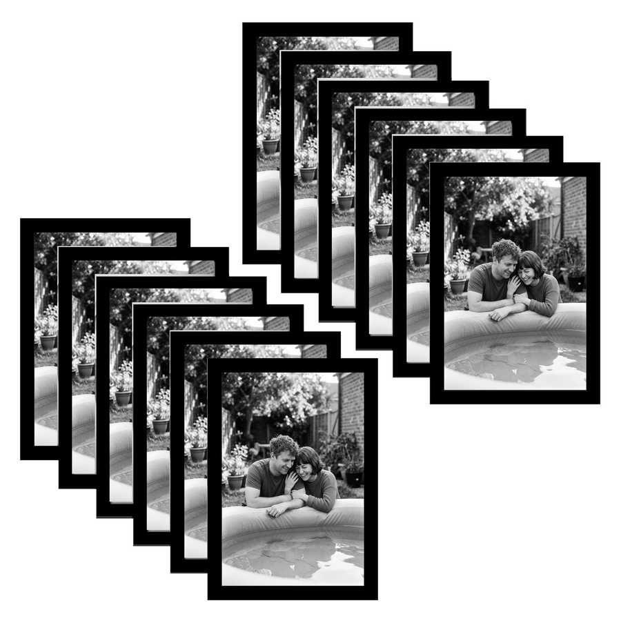Twelve black 8x12 frames fanned, a couple sitting together beside a pool 