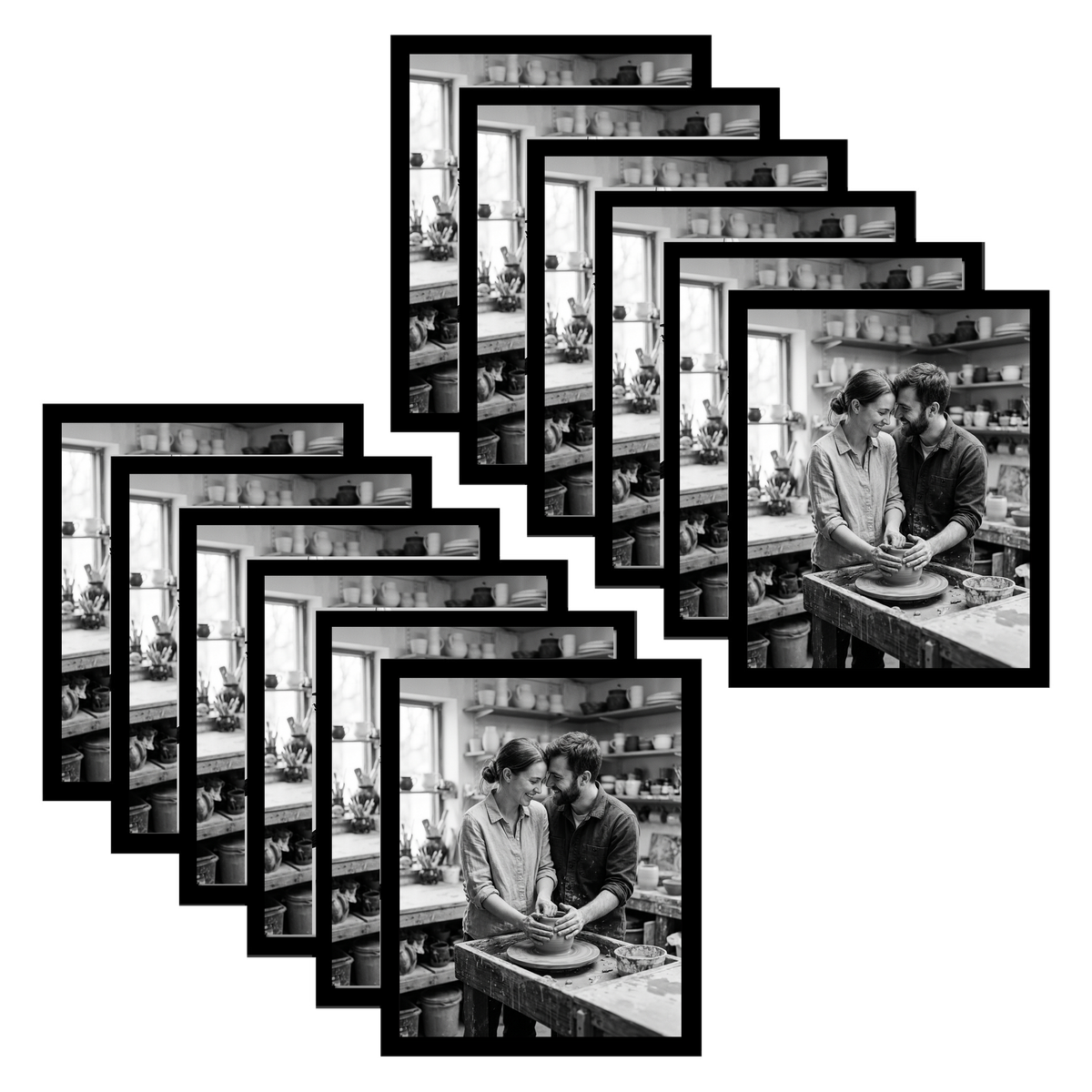 Twelve black 11x14 frames fanned, two people working at a pottery bench 