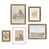 All five Heirloom frames in the Soft Gold Collected Gallery set — two 12x18 gold, 8x10 gold, white 11x14 with gold fillet, unmatted 5x7 gold 
