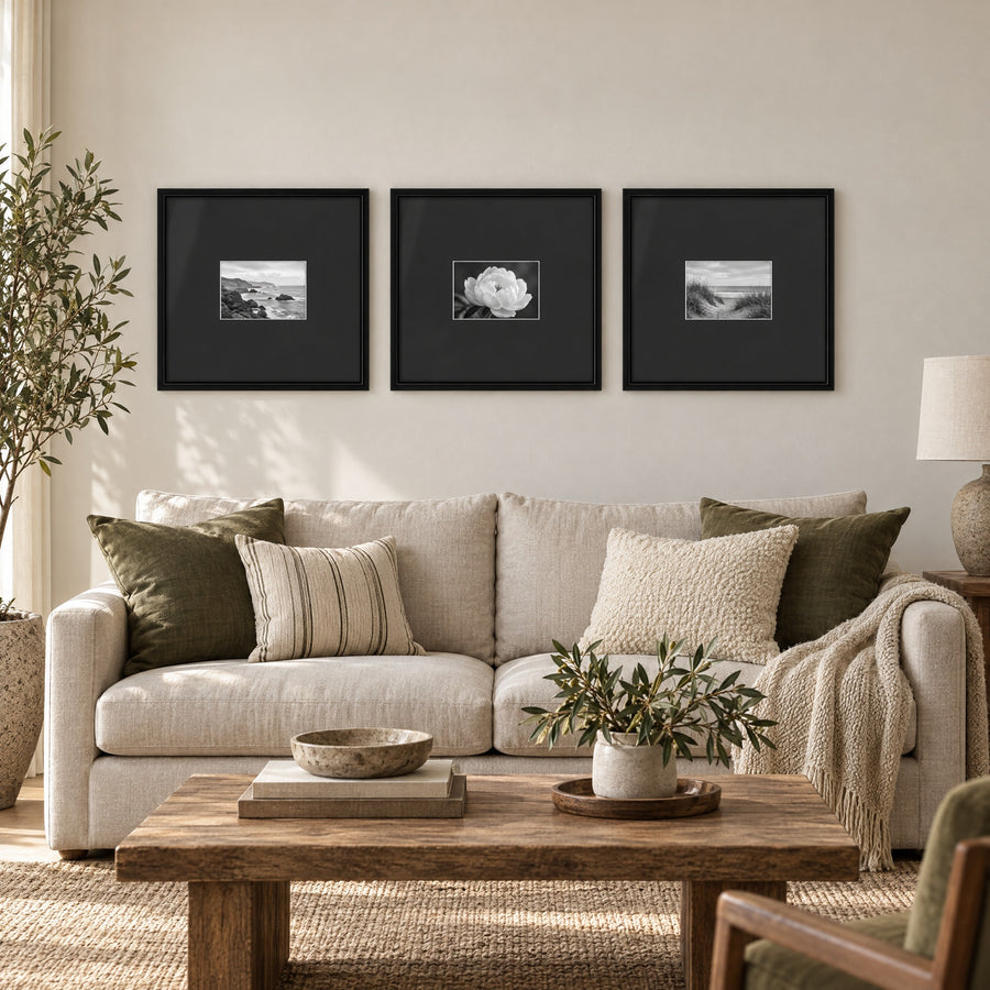 Wide Mat Trio 16x16 Black Mat — Black · 3 Frames — styled on the wall 