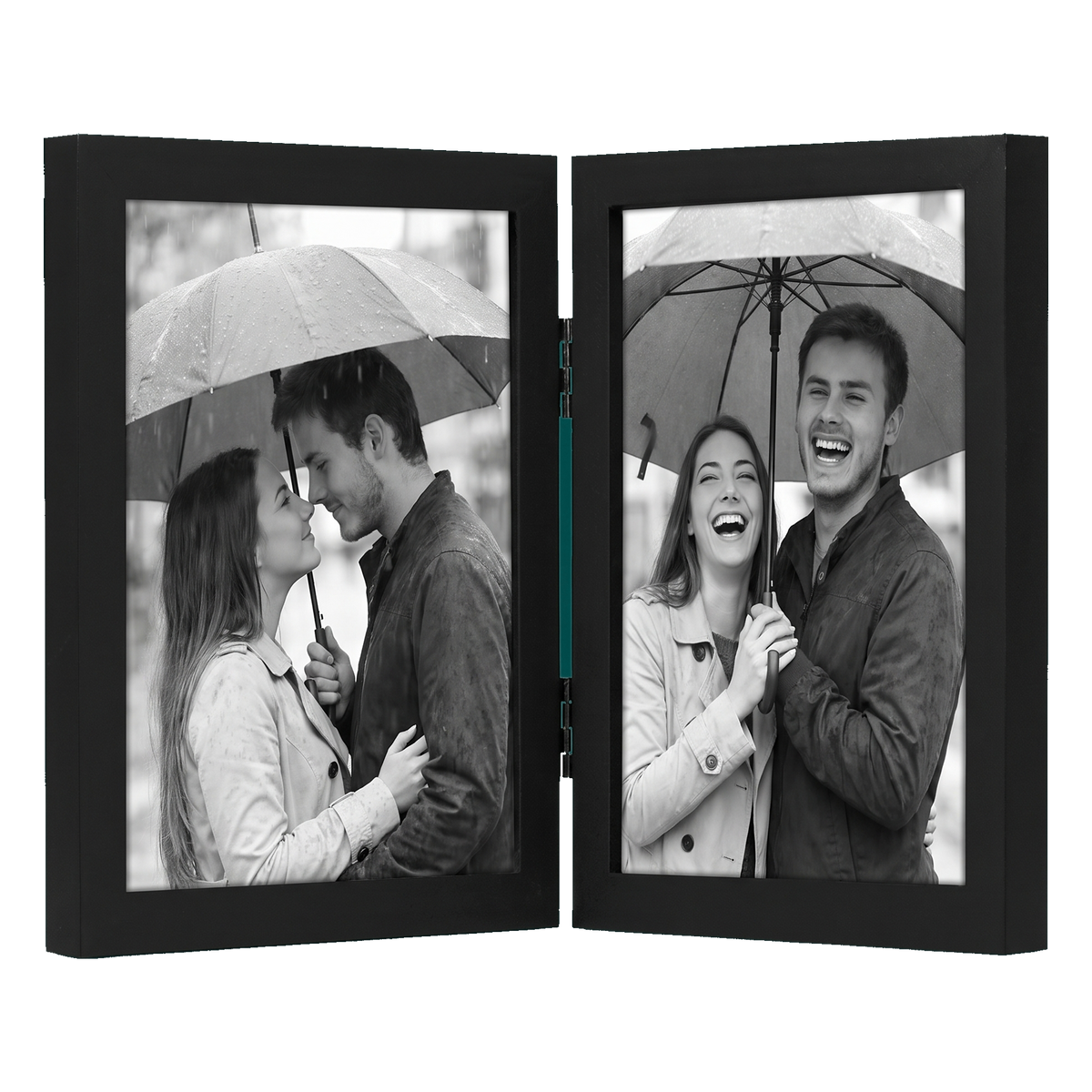 Hinged black 8x10 frame with two panels, a couple under an umbrella in the rain 