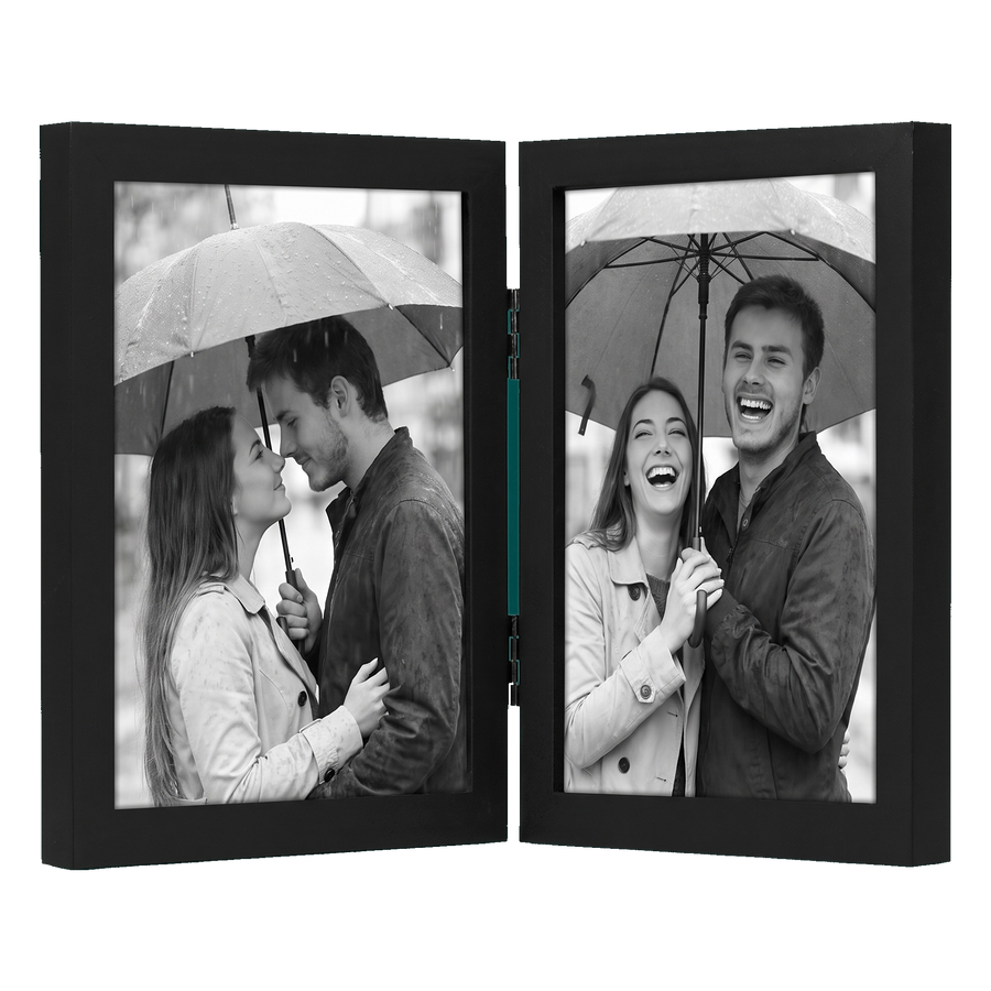 Hinged black 8x10 frame with two panels, a couple under an umbrella in the rain 