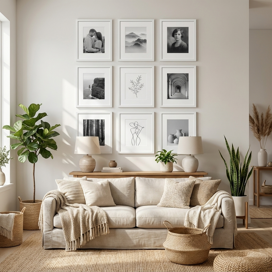 Nine white matted frames in a grid above a cream sofa, photos and line drawings #flat