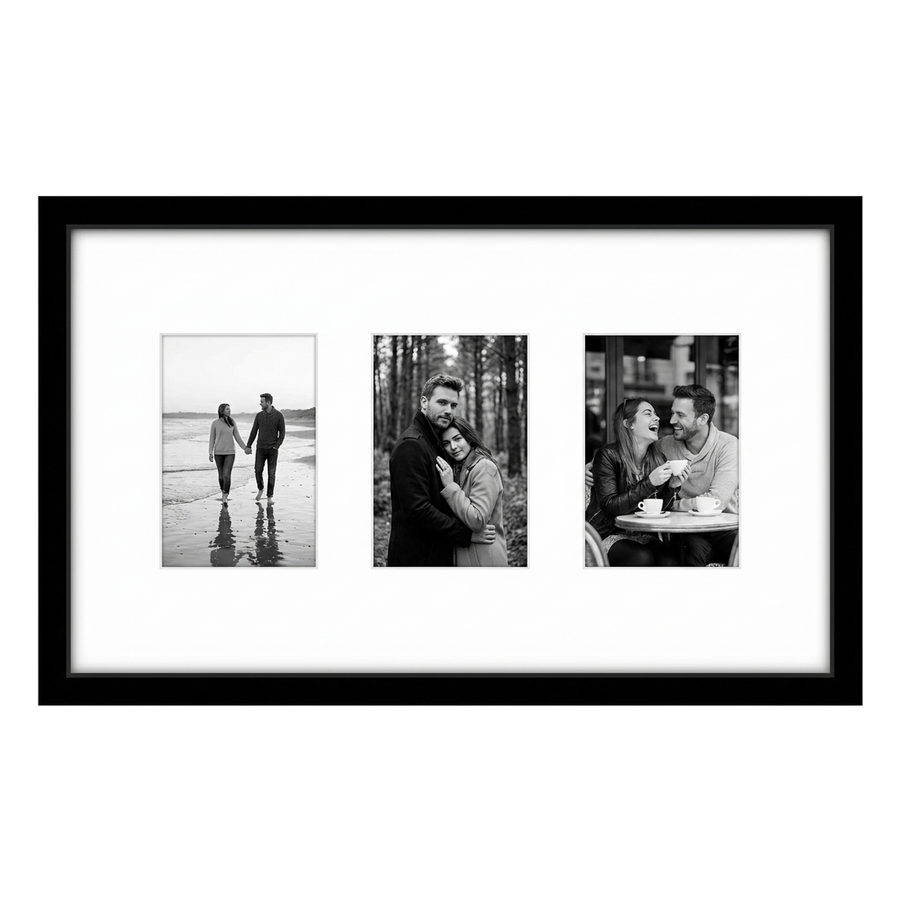 Black 7x12 Instax frame, double white mat with three openings holding mini instant photos 
