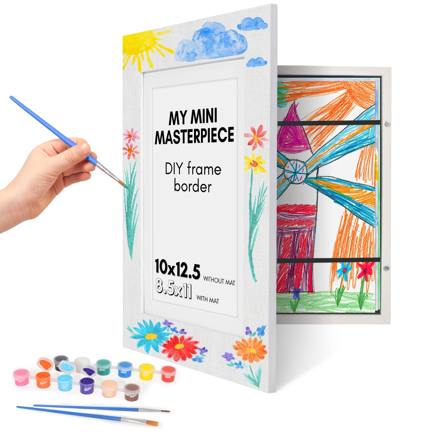 Americanflat Kids Art Frame with Canvas Border for Painting - 8.5x11 Frame with Mat or 10x12.5 Without - Paintable Picture Frames with 12 Paints and 2 Brushes - My Mini Masterpiece - Holds 100 Artwork