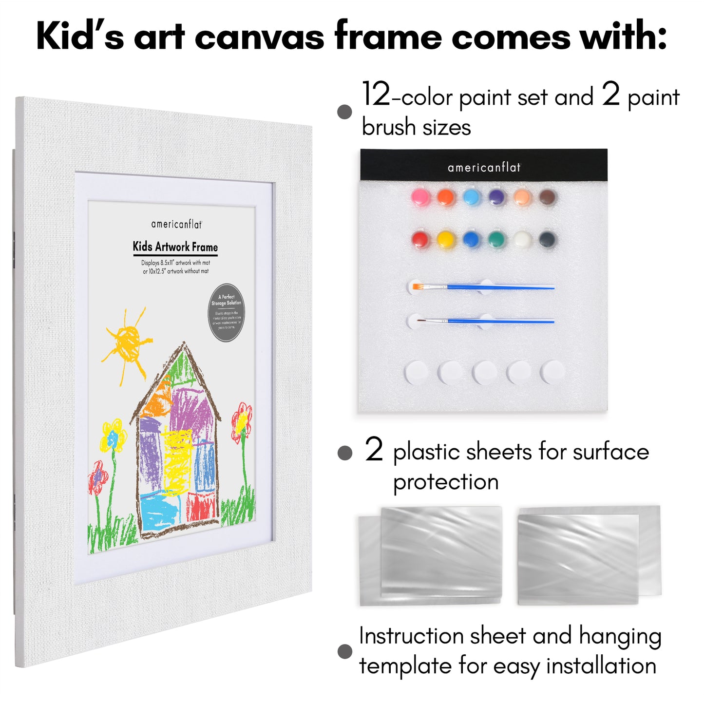 Americanflat Kids Art Frame with Canvas Border for Painting - 8.5x11 Frame with Mat or 10x12.5 Without - Paintable Picture Frames with 12 Paints and 2 Brushes - My Mini Masterpiece - Holds 100 Artwork