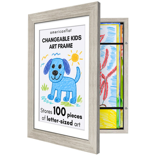 Americanflat | Kids Artwork Frame Changeable (Driftwood) | Magnetic Door Holds 100 Art Pieces | 8.5x11 Letter Size Display with Mat or 10x12.5 Without Mat | My Mini Masterpiece