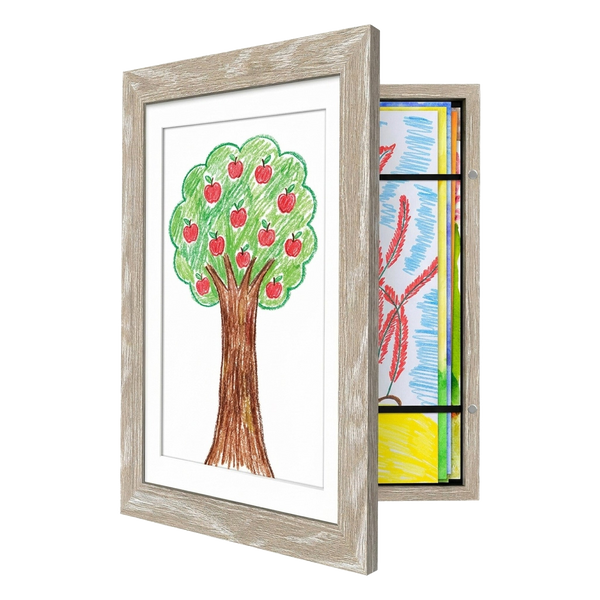 Driftwood My Mini Masterpiece frame open, storing drawings behind a crayon apple tree 