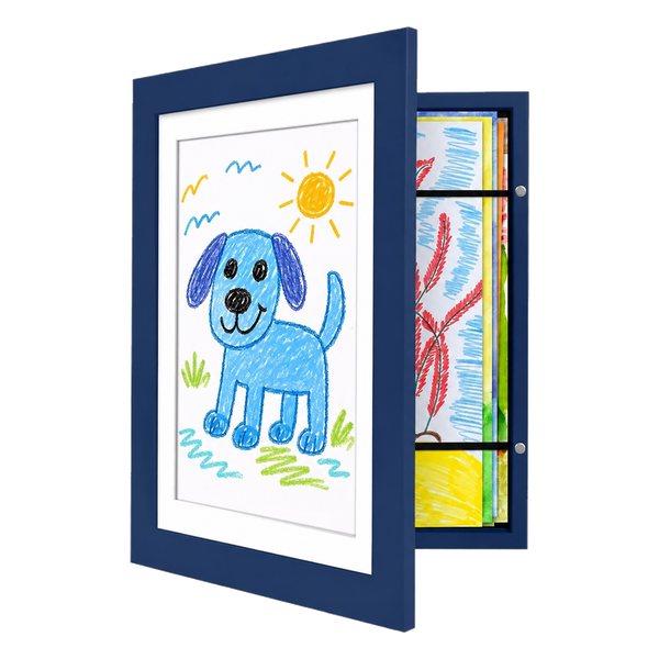 Two navy My Mini Masterpiece frames, the front one open on a crayon blue dog 