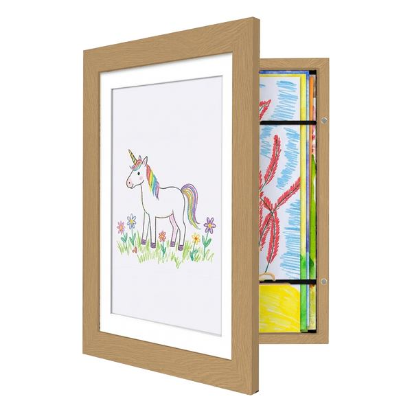 Dark oak My Mini Masterpiece frame open, storing drawings behind a crayon unicorn 