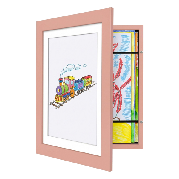 Peachy pink My Mini Masterpiece frame open, storing drawings behind a crayon train 