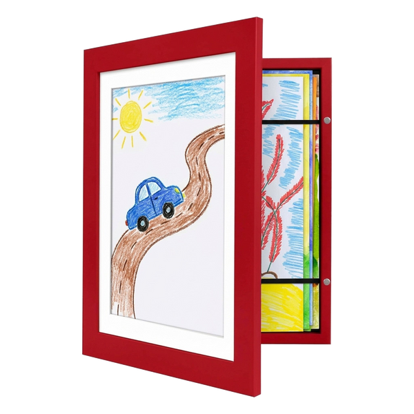 Red My Mini Masterpiece frame open, storing drawings behind a crayon car on a road 