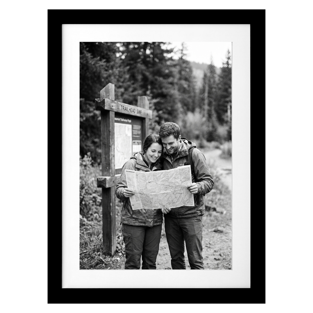 Black Streamline frame, 5x7, with a white mat, holding a photo of a couple reading a map by a trail sign 