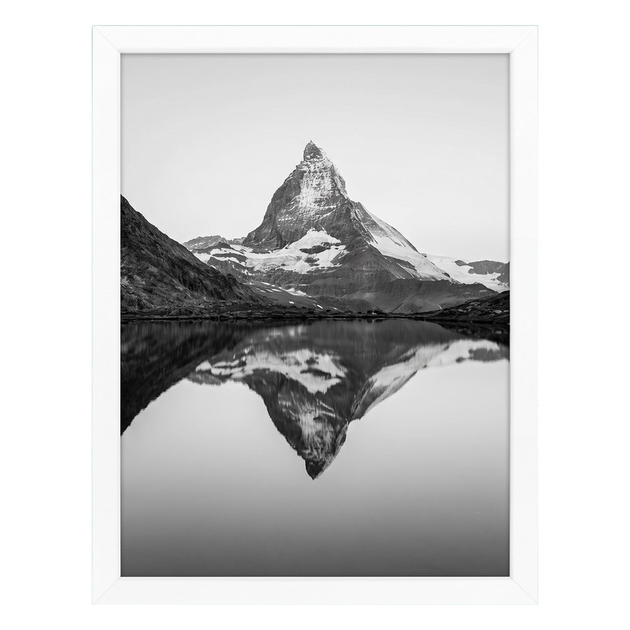 White Streamline frame, 5x7,  no mat, holding a photo of a mountain reflected in a lake #flat