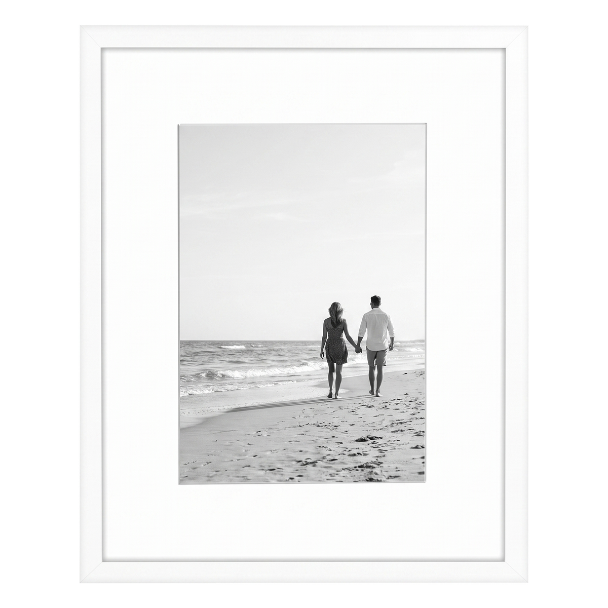 White Streamline frame, 8x10, with a white mat, holding a photo of a couple at a calm shoreline 