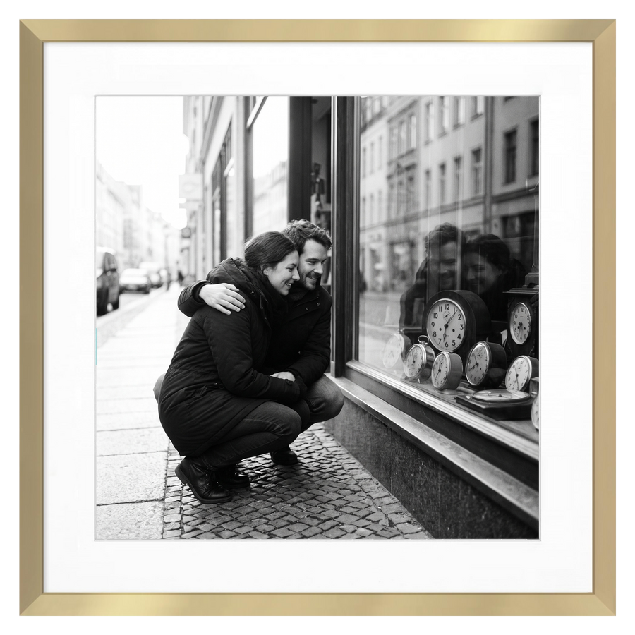 Gold Streamline frame, 10x10, with a 8x8 white mat, holding a photo of a couple at a clock shop window #flat
