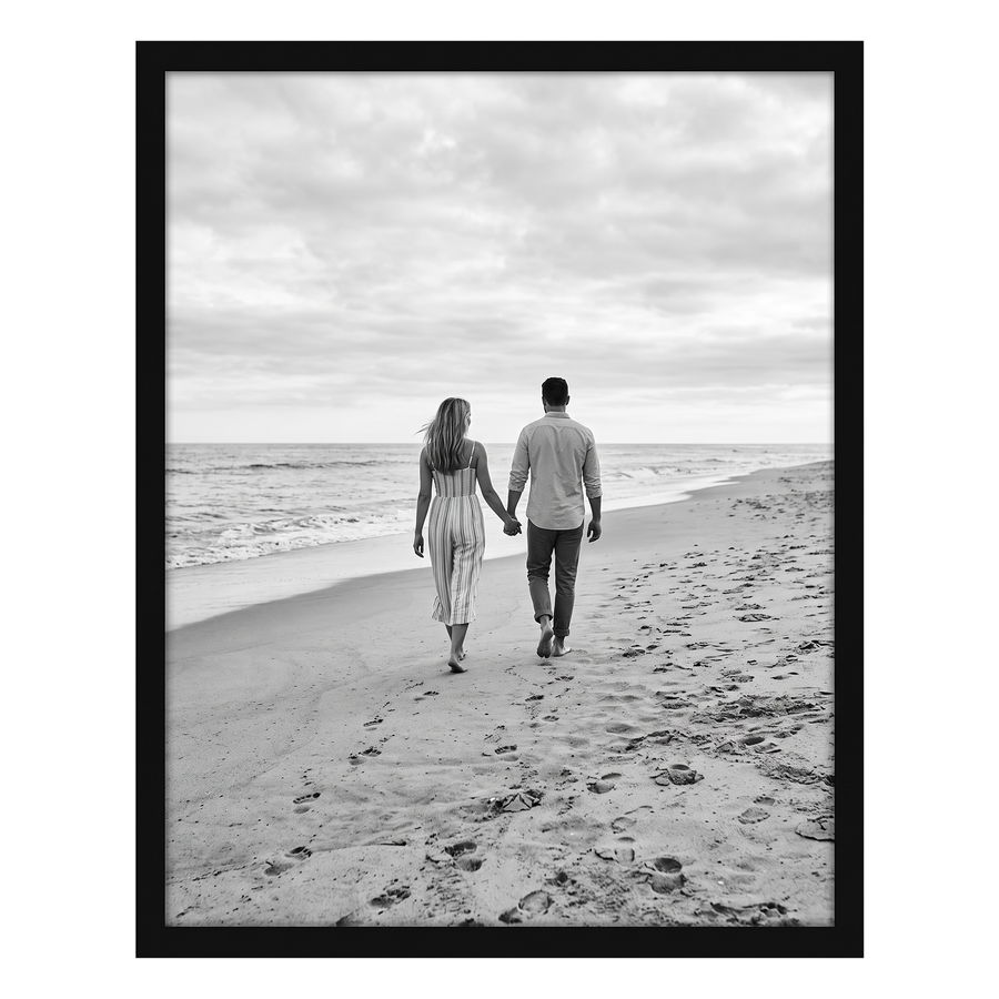 Black Streamline frame, 10x12,  no mat, holding a photo of a couple walking away over ripples 