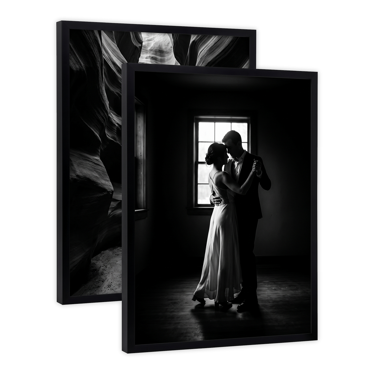 Pair of black Streamline frames, no mat, holding a photo of a couple dancing by a window 