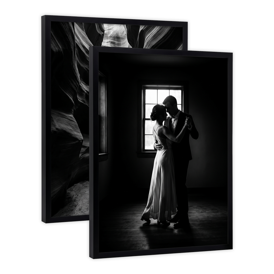 Pair of black Streamline frames, no mat, holding a photo of a couple dancing by a window 