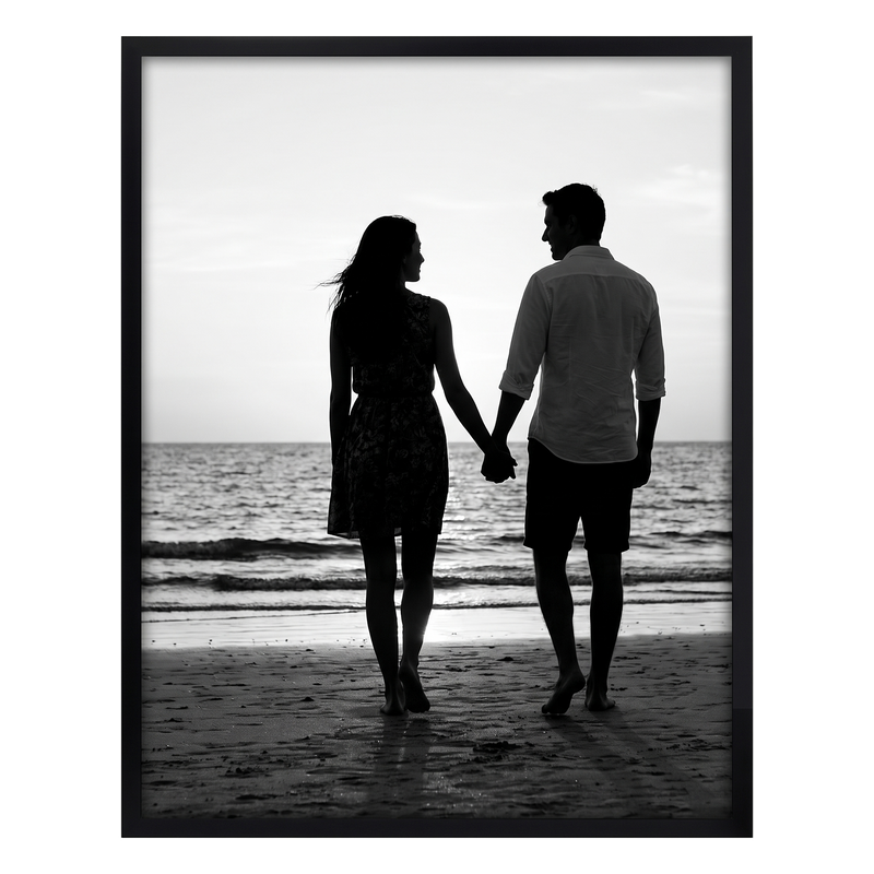 Black Streamline frame, 14x18,  no mat, holding a photo of a couple silhouetted at the water #flat