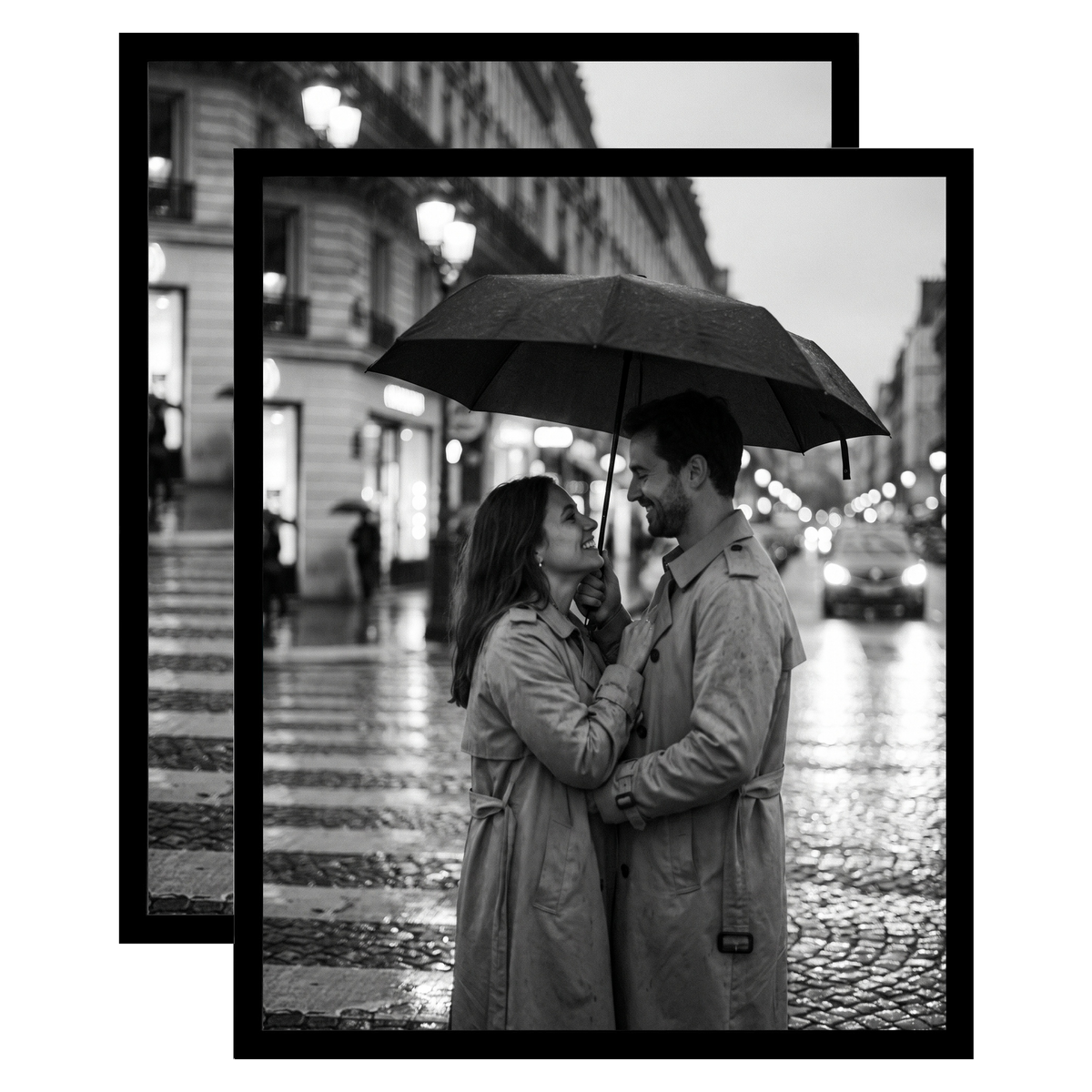 Pair of black Streamline frames, no mat, holding a photo of a couple under an umbrella 