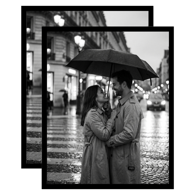Pair of black Streamline frames, no mat, holding a photo of a couple under an umbrella #flat