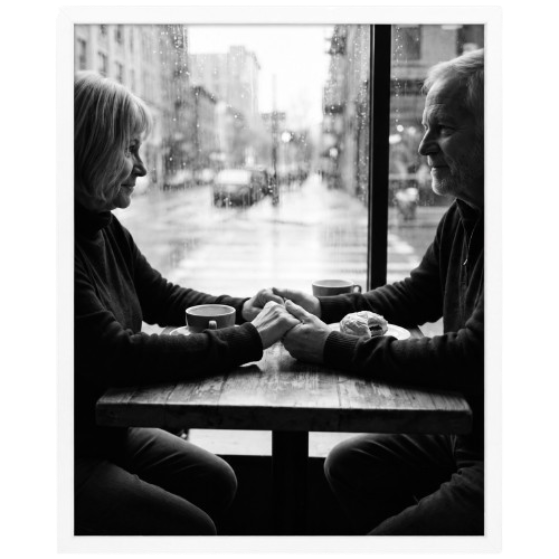 White Streamline frame, 16x20,  no mat, holding a photo of an older couple at a cafe window 