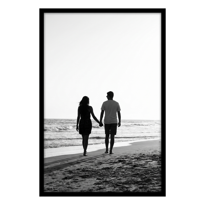Black Streamline frame, 16x24,  no mat, holding a photo of a couple walking away on dark sand #flat