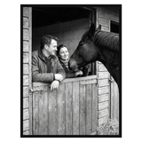 Black Streamline frame, 24x32,  no mat, holding a photo of a couple with a horse at a stable door 