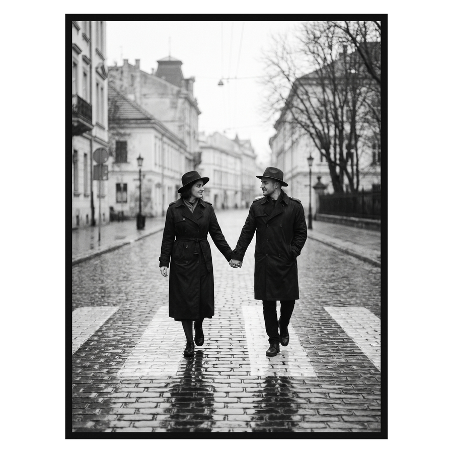 Black Streamline frame, 30x40,  no mat, holding a photo of a couple on a rainy crossing 