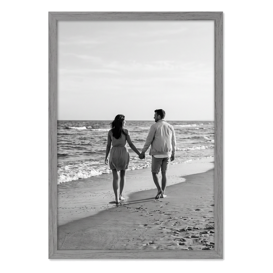 Grey woodgrain Streamline frame, 85x11,  no mat, holding a photo of a couple walking away #flat