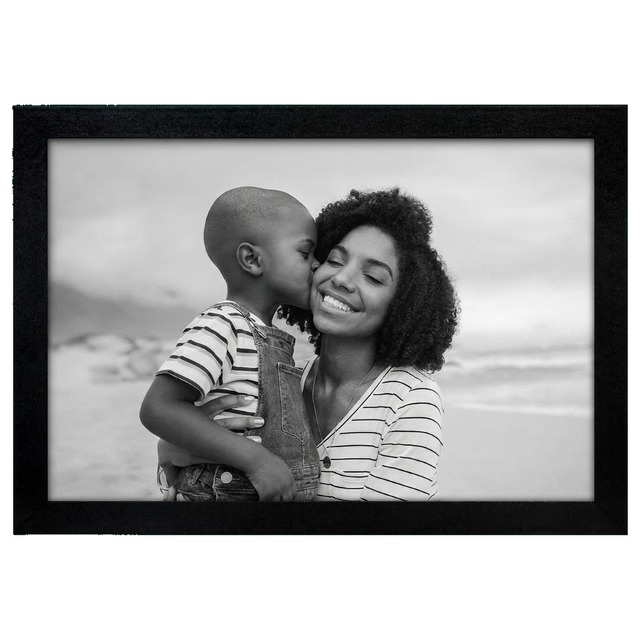 Black 4x6 magnetic fridge frame with a white mat, a mother and child on a beach #flat