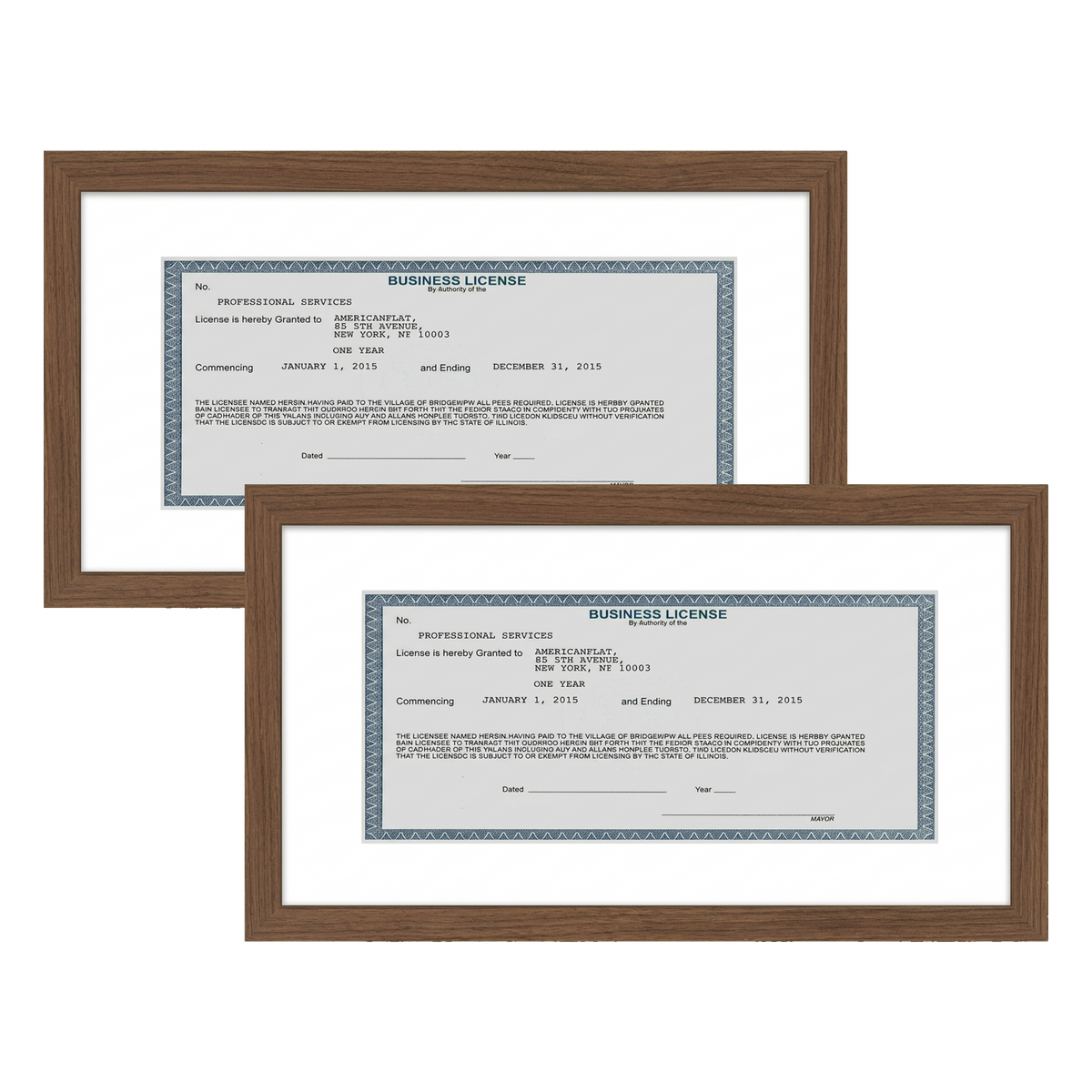 Two walnut 5x10 license frames with white mats, each holding a business license 